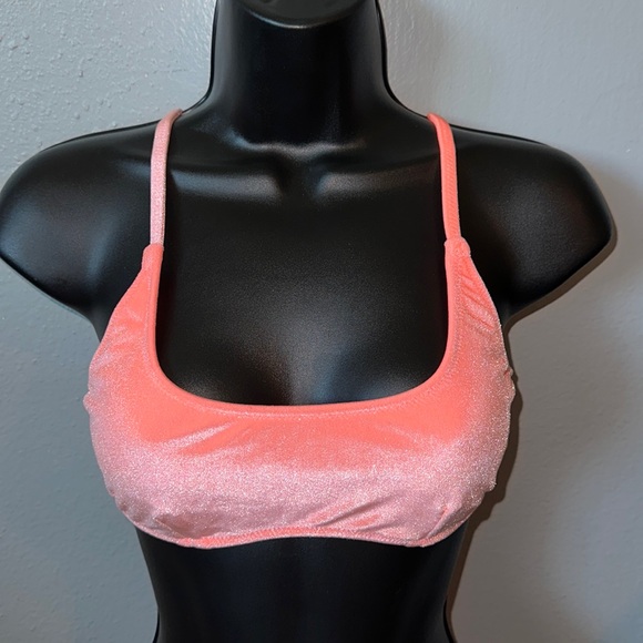 Coral orange velvet slight dip neck line swimsuit set. - Picture 4 of 16